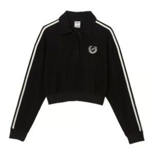 Victoria's Secret PINK REVERSE FLEECE CROPPED POLO SWEATSHIRT - Black -‎ Large